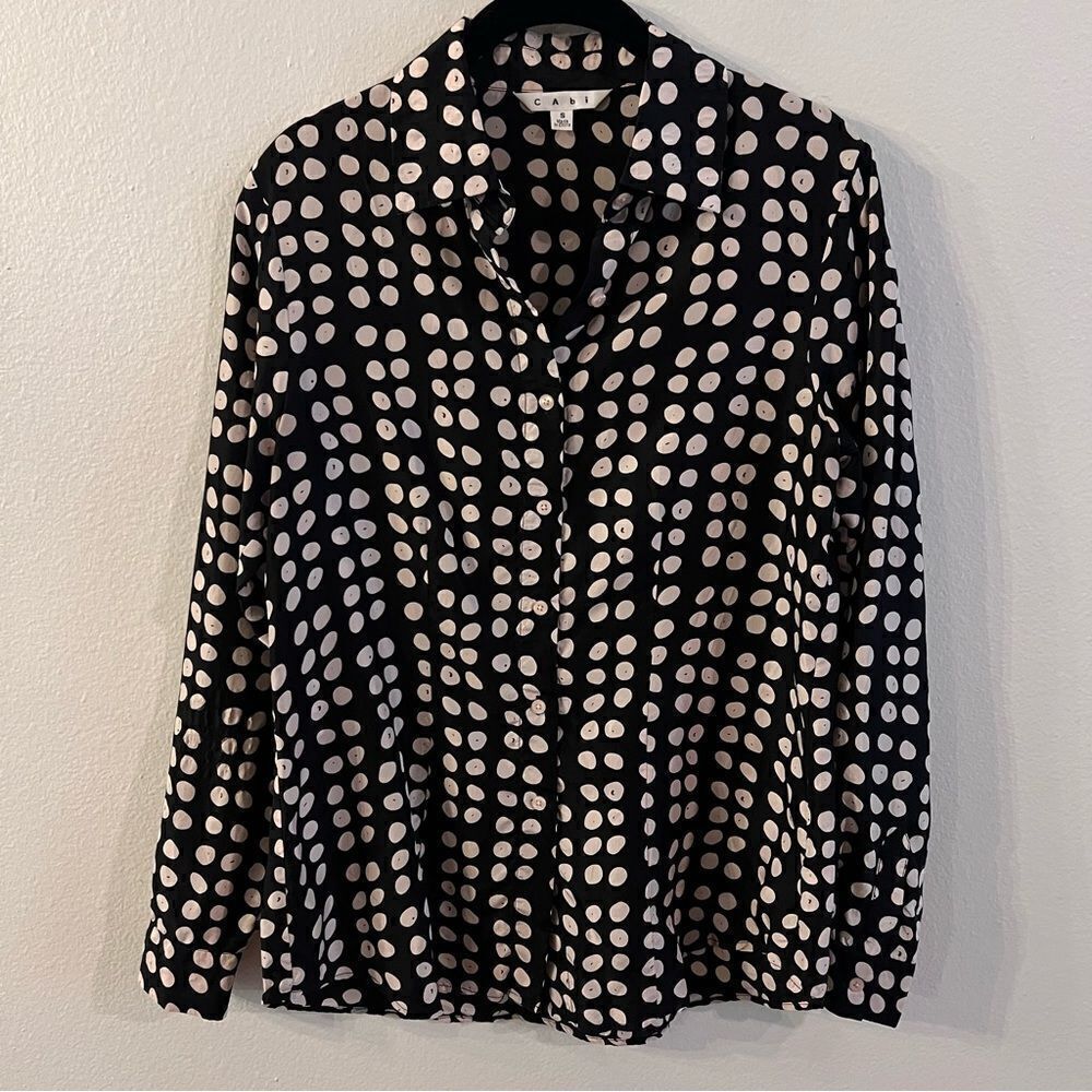 CABI Blouse Silk Black White Dots Long Sleeve Button Front Sz Small Professional